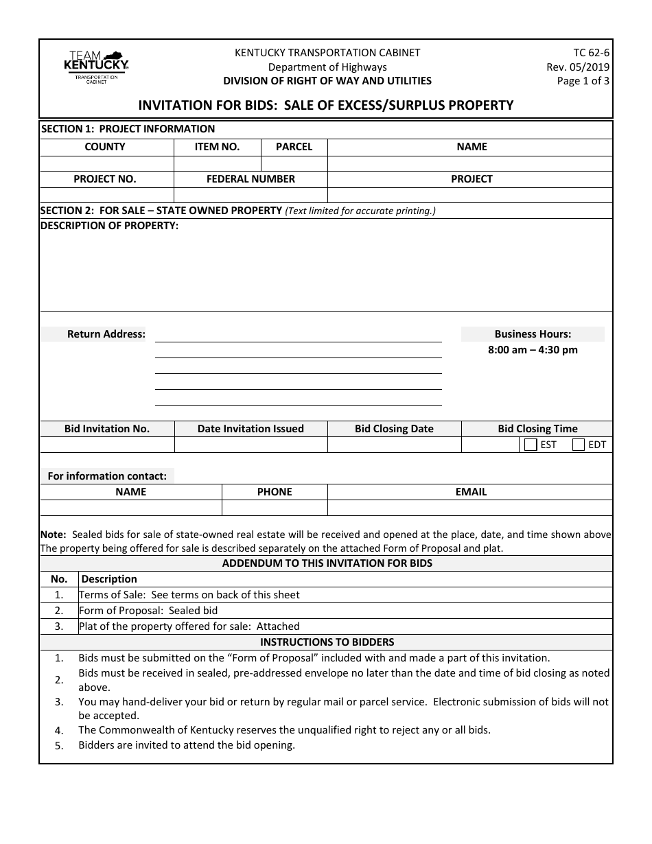 Form TC62-6 Invitation for Bids: Sale of Excess / Surplus Property - Kentucky, Page 1