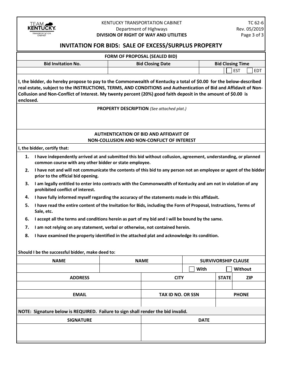 Form TC62-6 Invitation for Bids: Sale of Excess / Surplus Property - Kentucky, Page 3