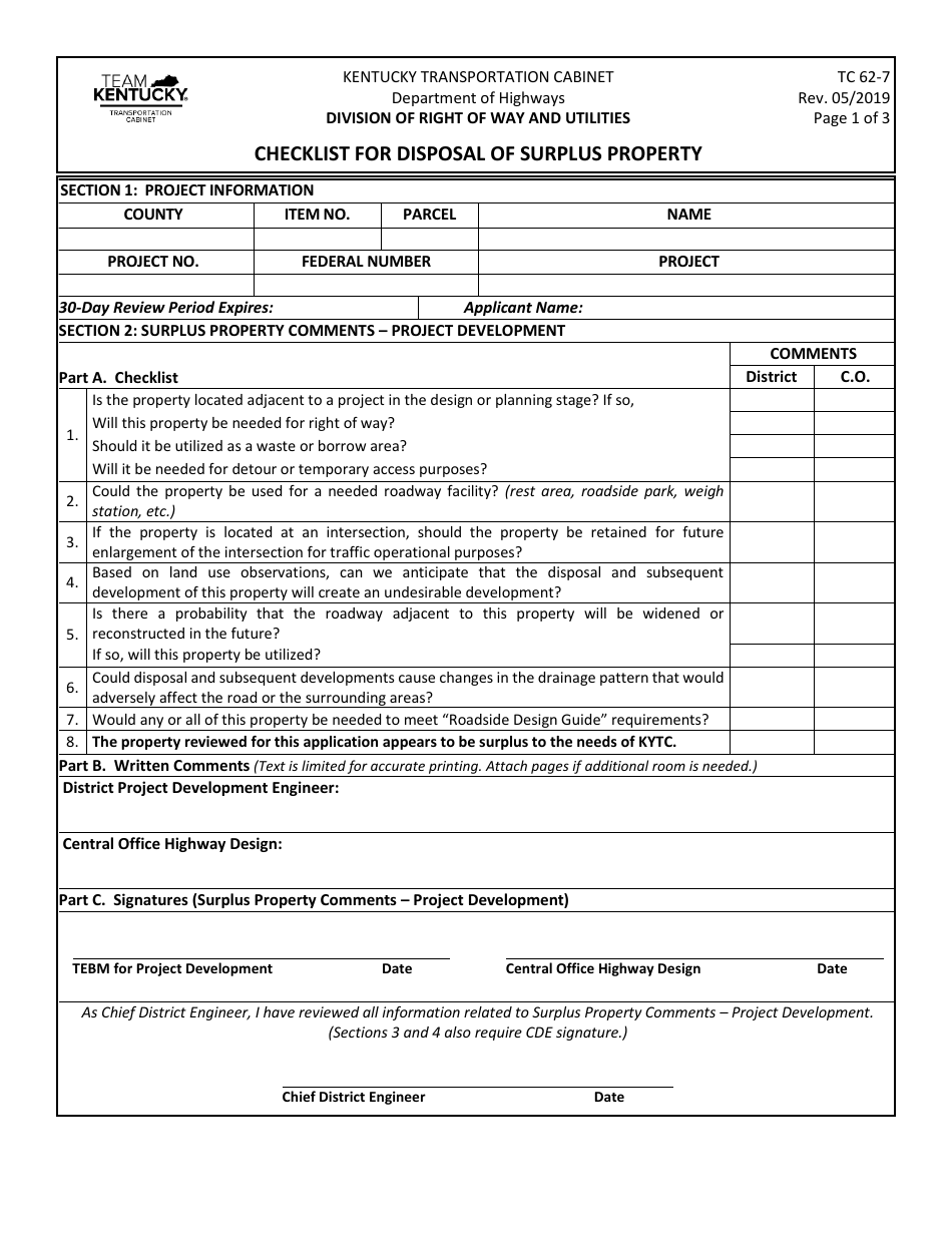 Form TC62-7 Checklist for Disposal of Surplus Property - Kentucky, Page 1