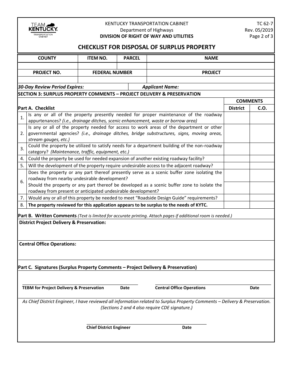 Form TC62-7 Checklist for Disposal of Surplus Property - Kentucky, Page 2