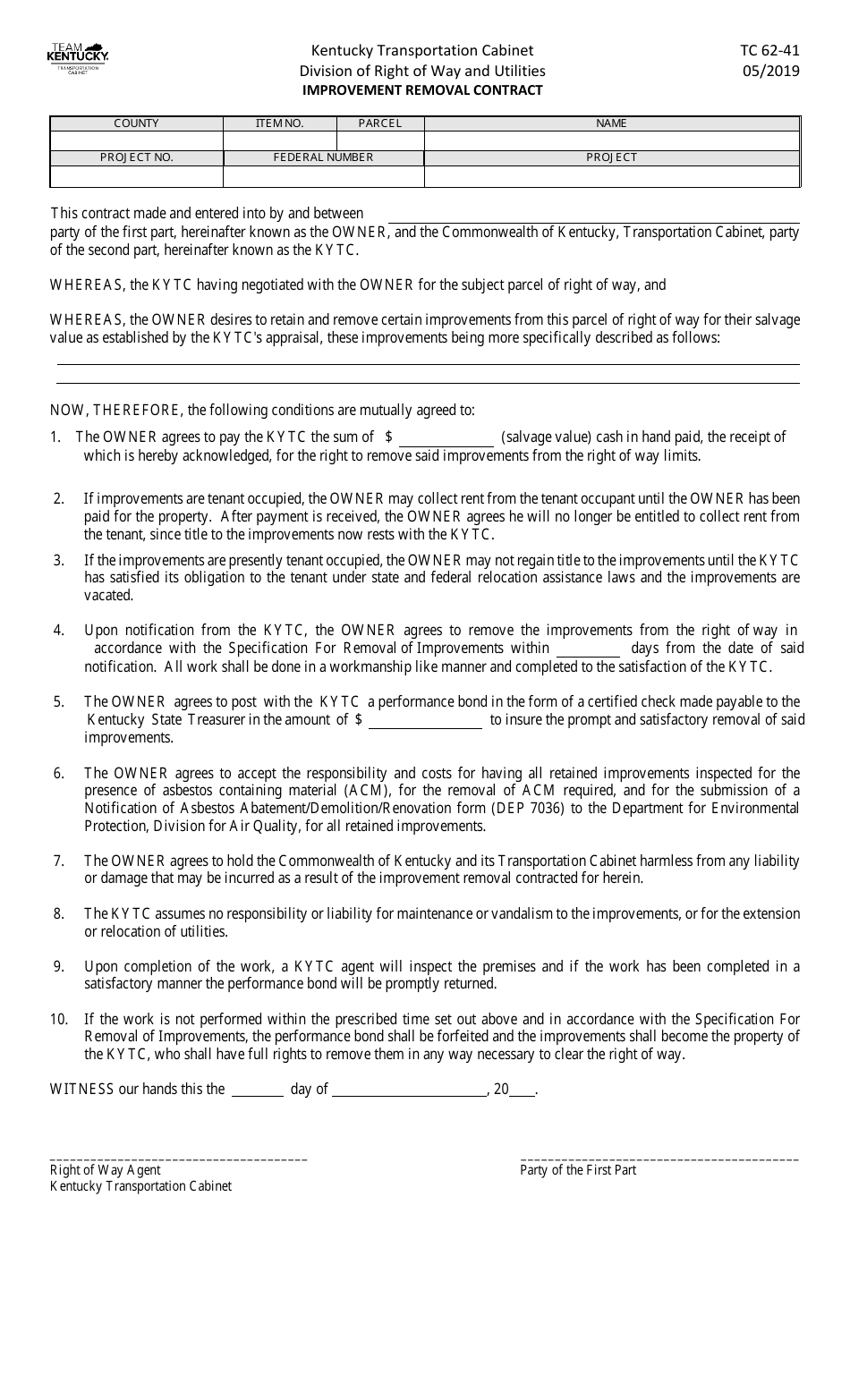 Form TC62-41 Improvement Removal Contract - Kentucky, Page 1