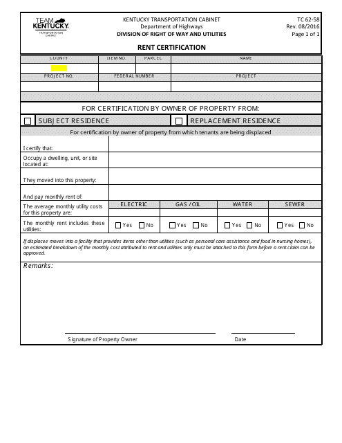 Form TC62-58 Rent Certification - Kentucky