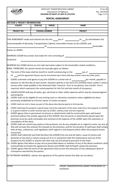 Form TC62-26 Rental Agreement - Kentucky
