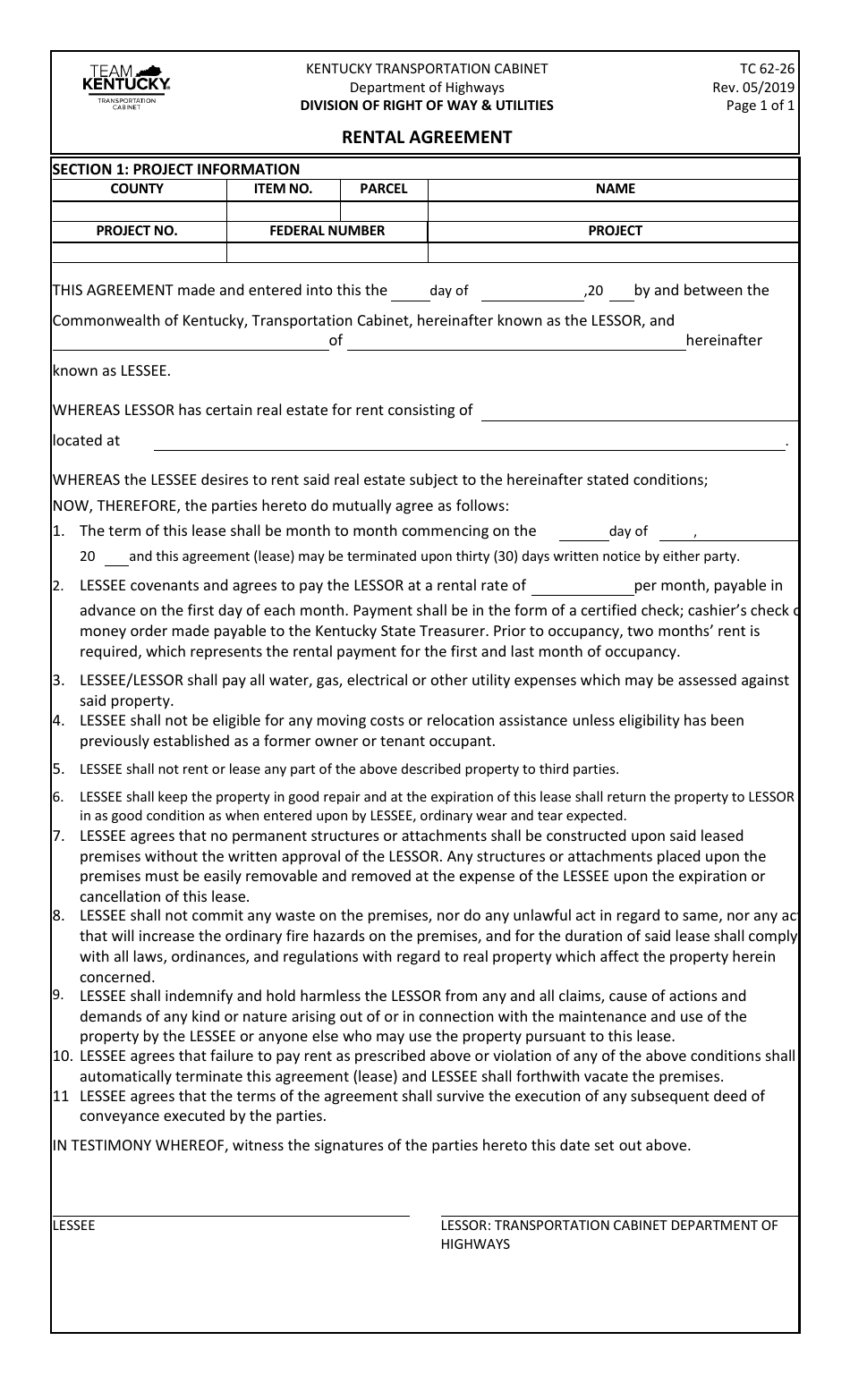Form TC62-26 Rental Agreement - Kentucky, Page 1