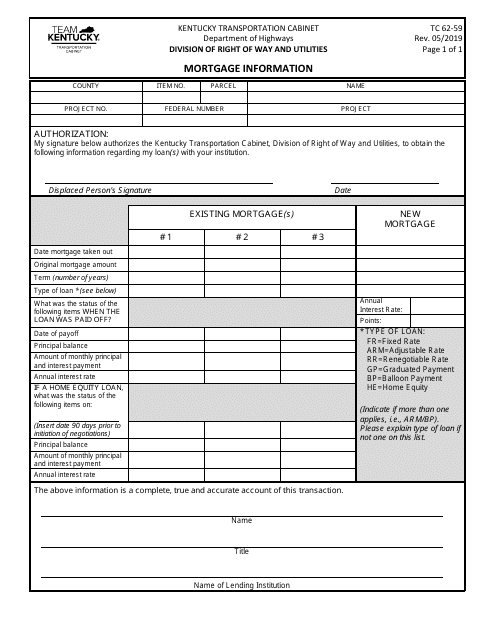 Form TC62-59 Mortgage Information - Kentucky