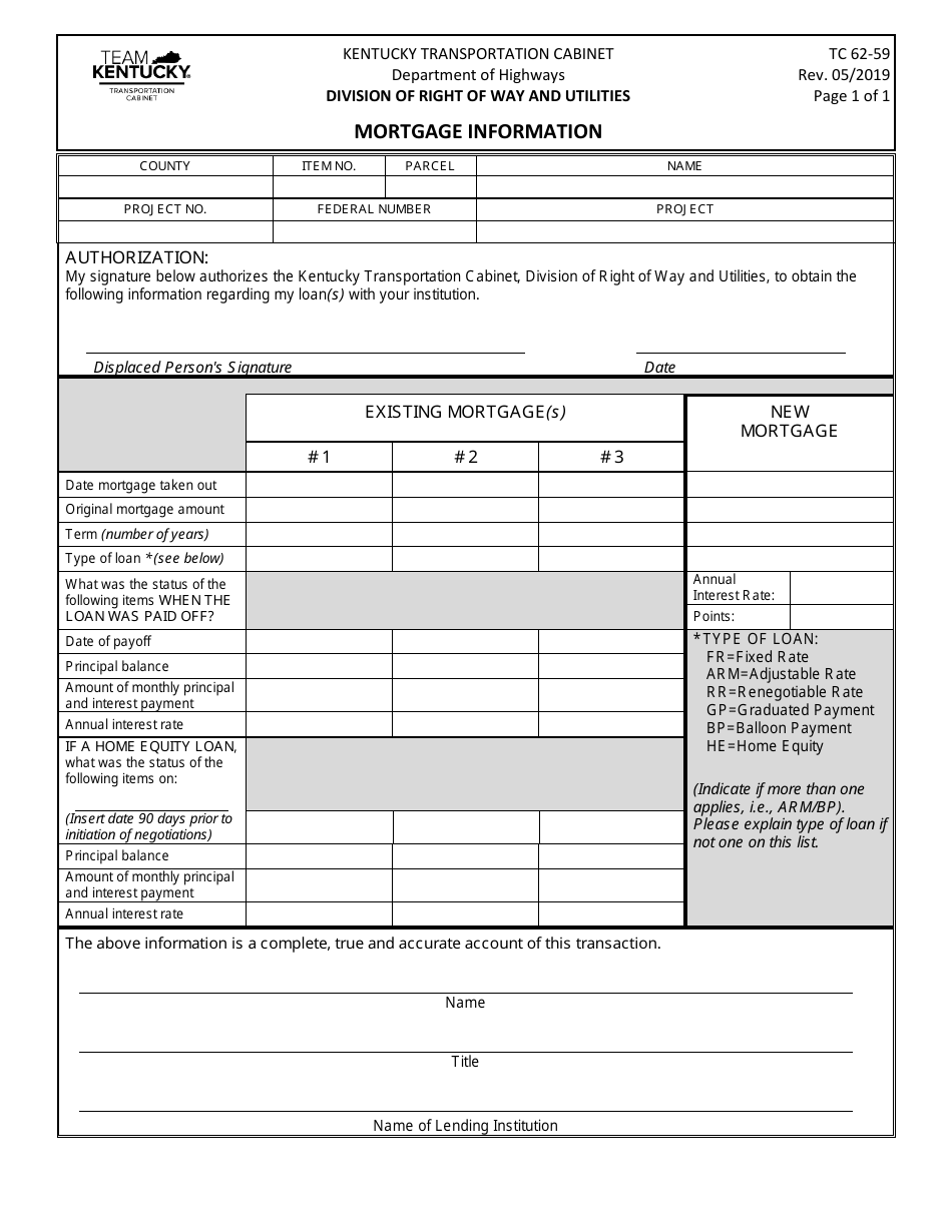 Form TC62-59 Mortgage Information - Kentucky, Page 1