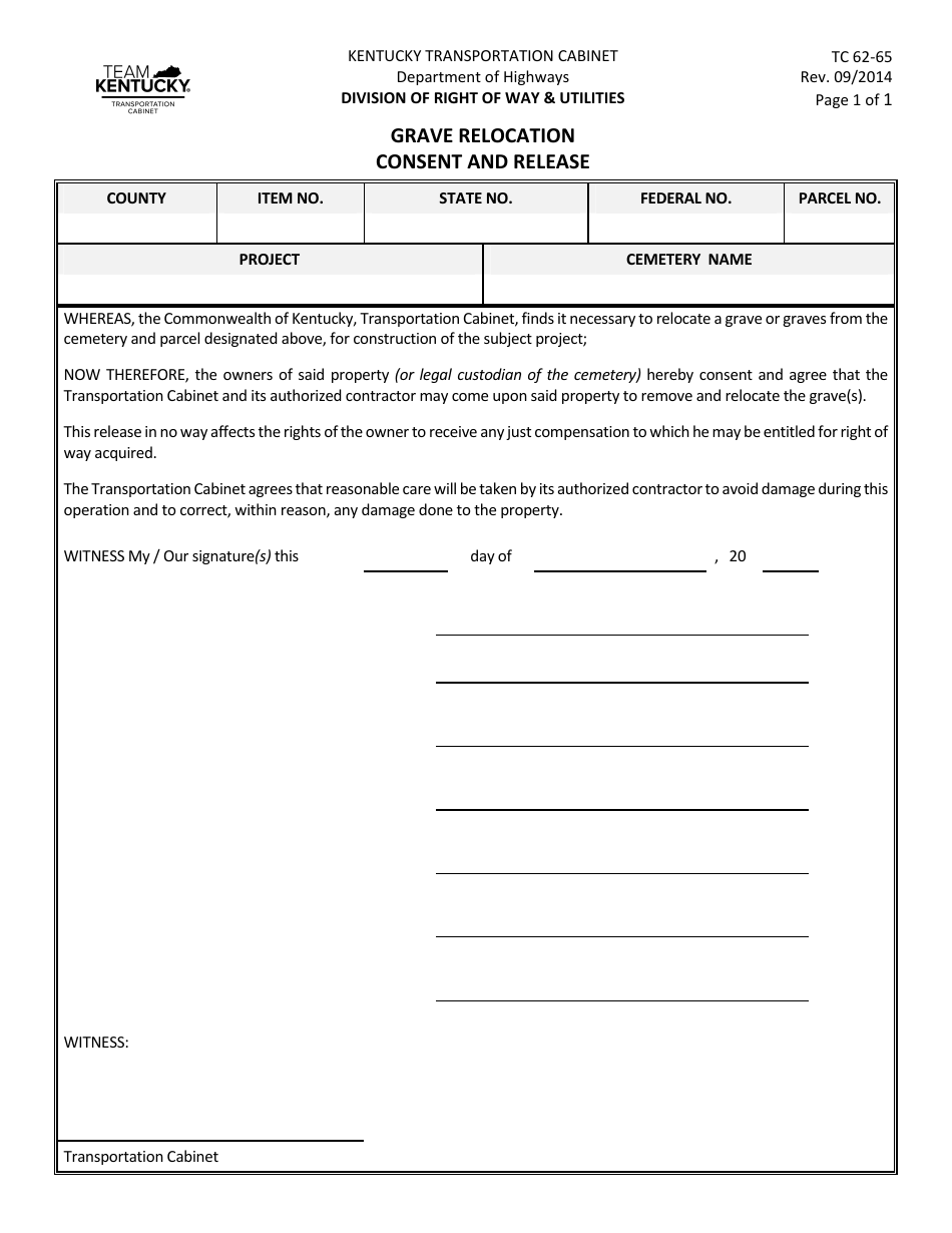 Form TC62-65 Grave Relocation Consent and Release - Kentucky, Page 1