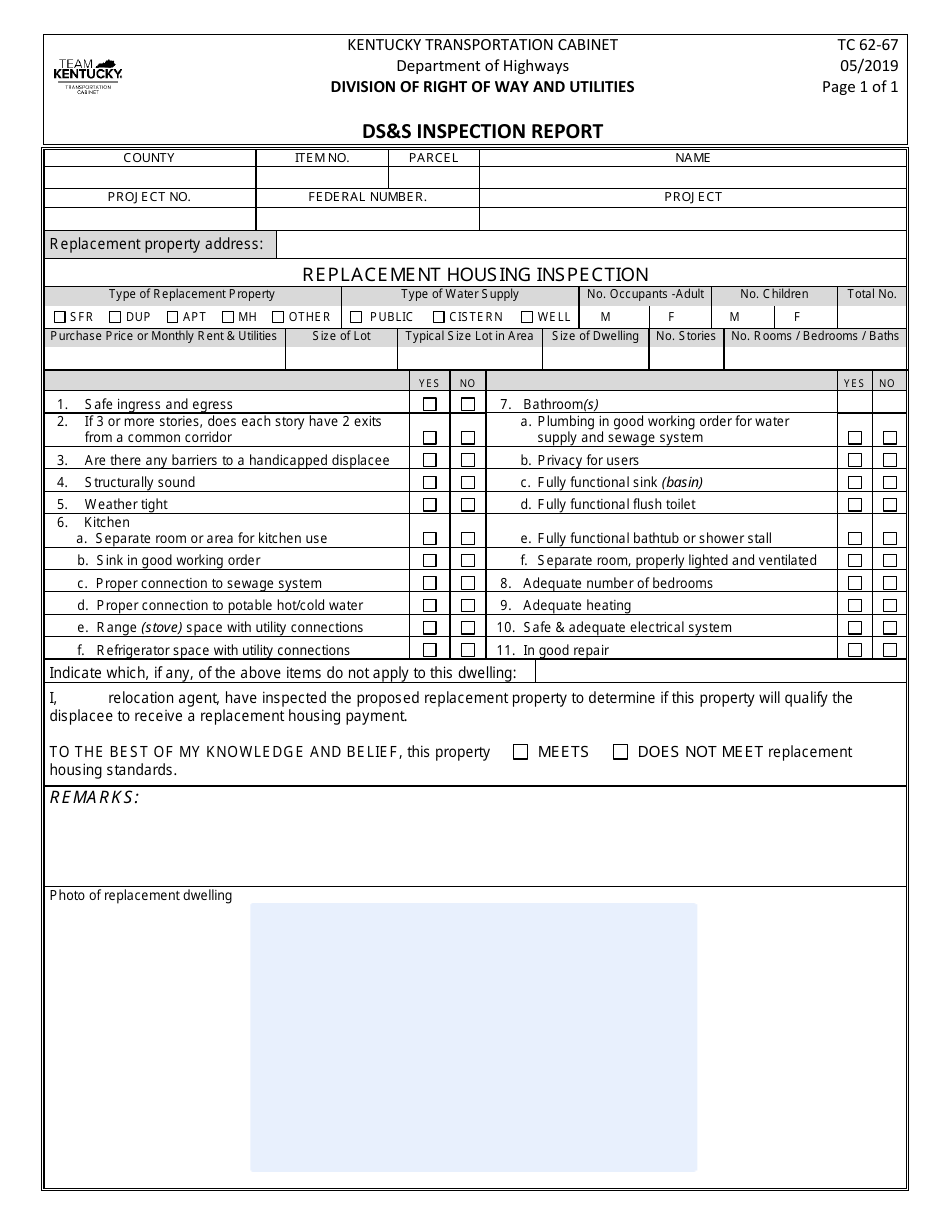 Form TC62-67 Dss Inspection Report - Kentucky, Page 1