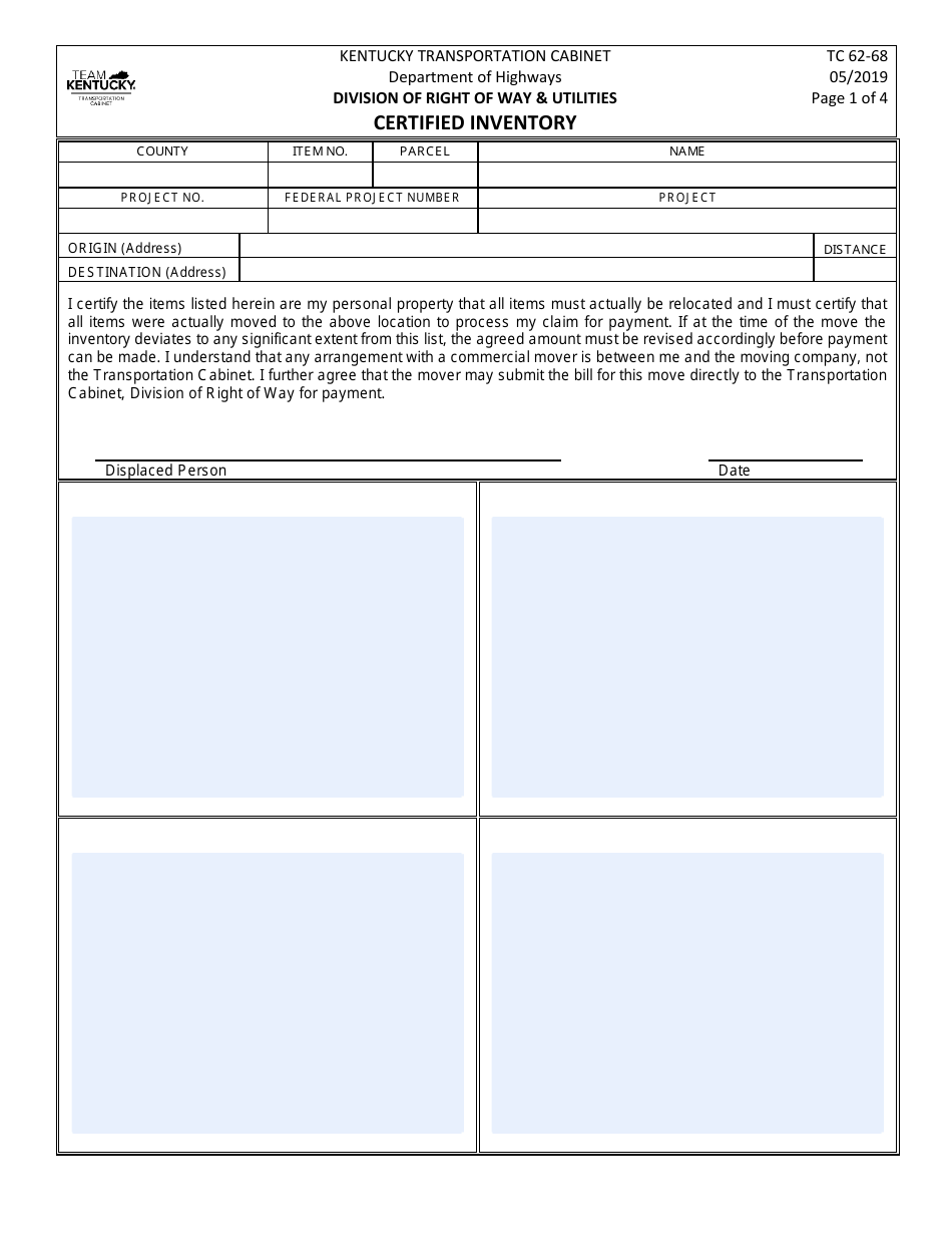 Form TC62-68 Certified Inventory - Kentucky, Page 1