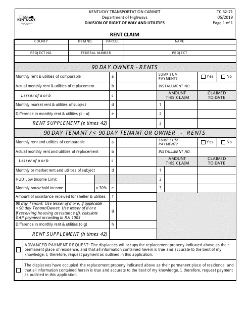 Form TC62-71 Rent Claim - Kentucky