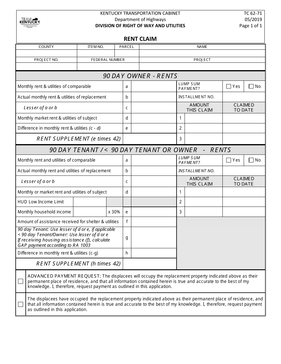 Form TC62-71 Rent Claim - Kentucky, Page 1