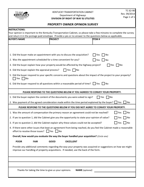 Form TC62-90 Property Owner Opinion Survey - Kentucky