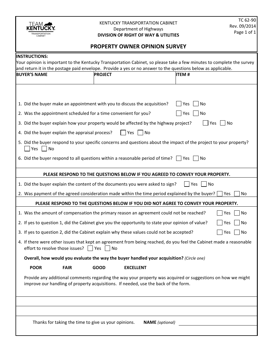 Form TC62-90 Property Owner Opinion Survey - Kentucky, Page 1