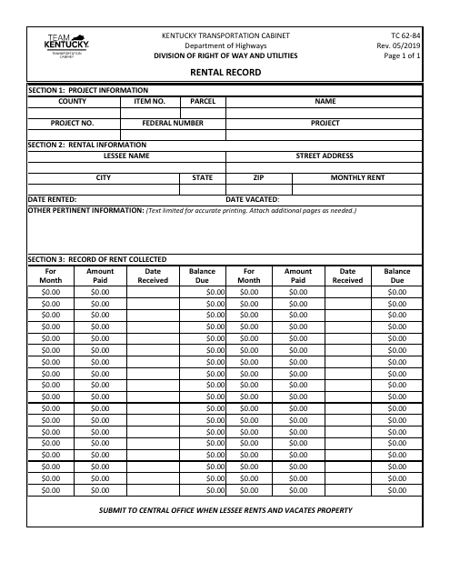 Form TC62-84 Rental Record - Kentucky