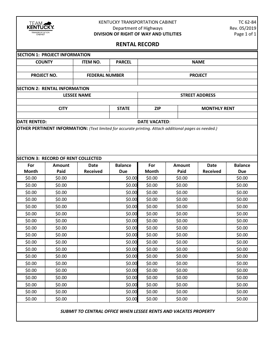 Form TC62-84 Rental Record - Kentucky, Page 1