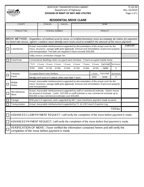 Form TC62-99 Residential Move Claim - Kentucky