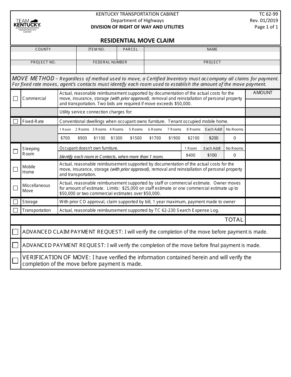 Form TC62-99 Residential Move Claim - Kentucky, Page 1