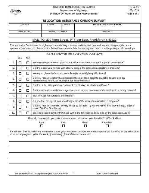 Form TC62-91 Relocation Assistance Opinion Survey - Kentucky