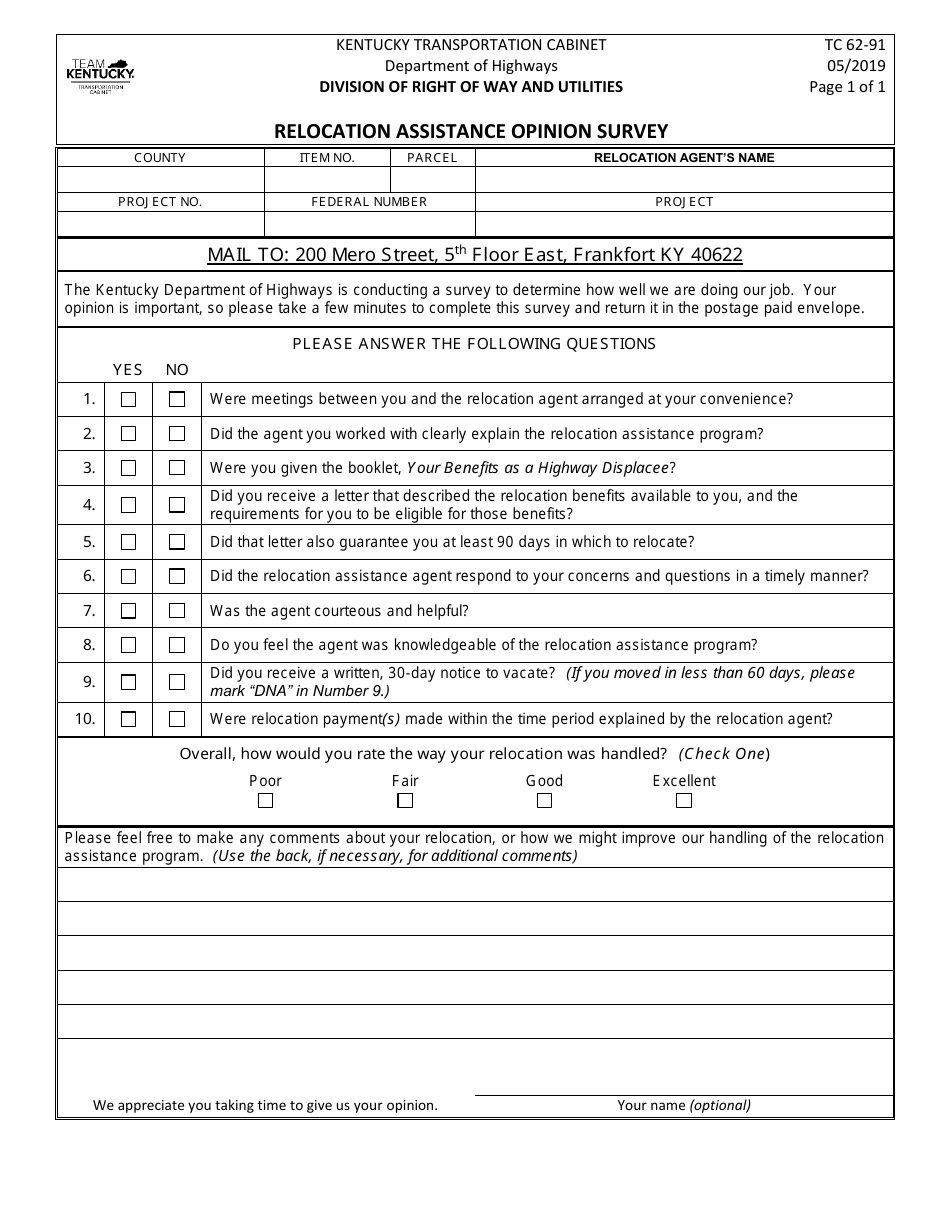 Form TC62-91 Relocation Assistance Opinion Survey - Kentucky, Page 1