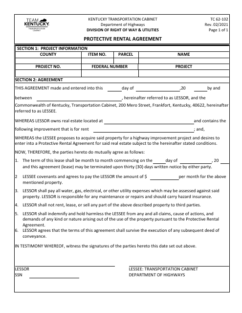 Form TC62-102 Protective Rental Agreement - Kentucky