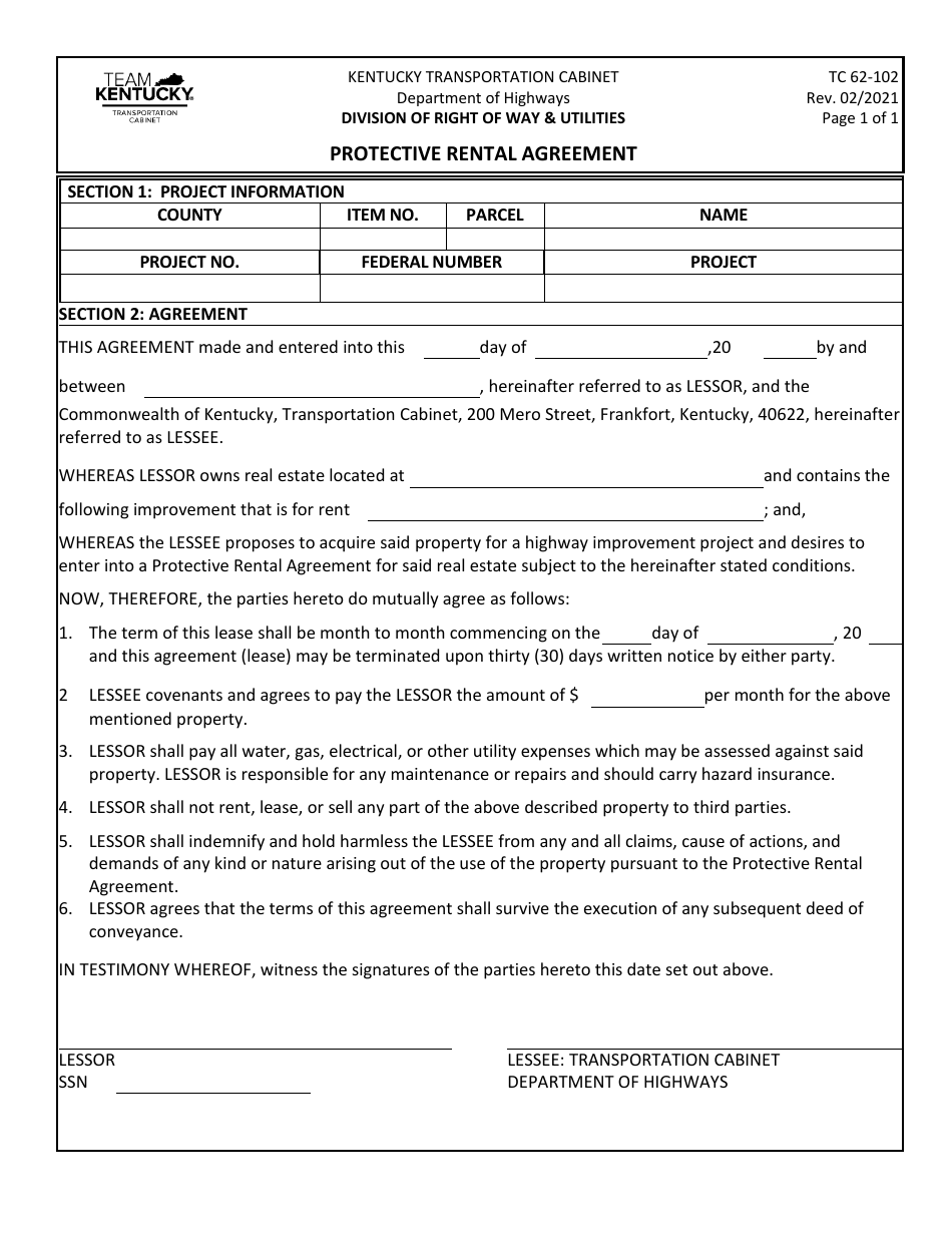 Form TC62-102 Protective Rental Agreement - Kentucky, Page 1