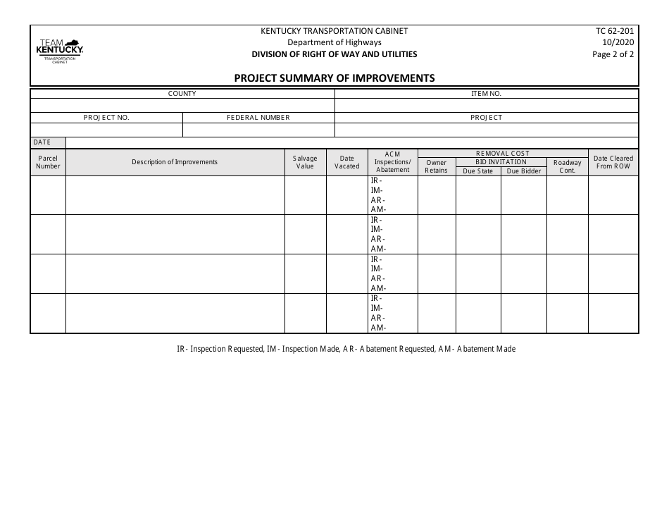 Form TC62-201 Project Summary of Improvements - Kentucky, Page 2