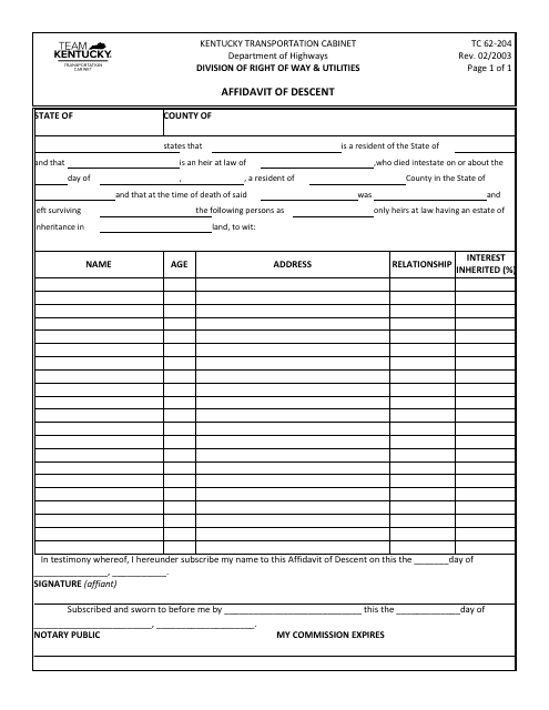 Form TC62-204 Affidavit of Descent - Kentucky