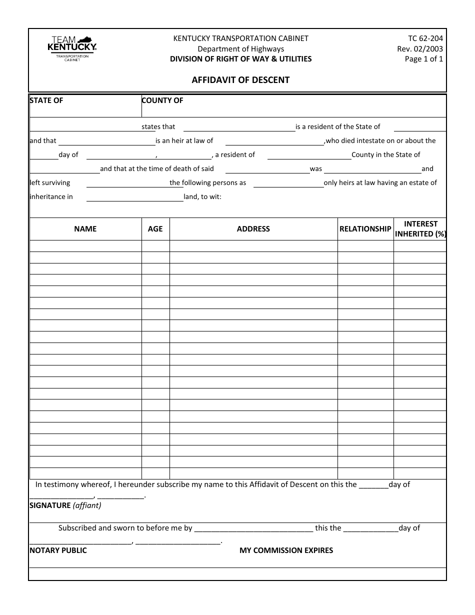 Form TC62-204 Affidavit of Descent - Kentucky, Page 1