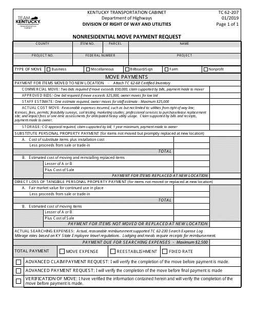 Form TC62-207 Nonresidential Move Payment Request - Kentucky