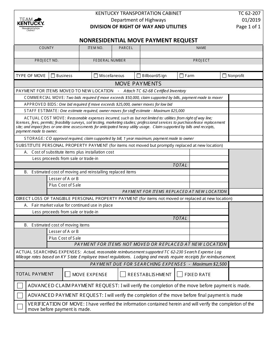 Form TC62-207 Nonresidential Move Payment Request - Kentucky, Page 1