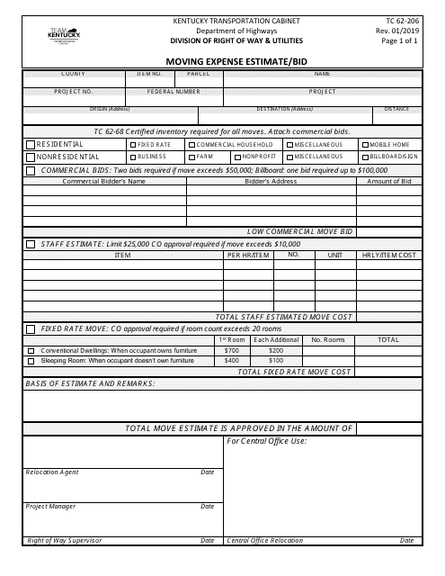 Form TC62-206 Moving Expense Estimate/Bid - Kentucky