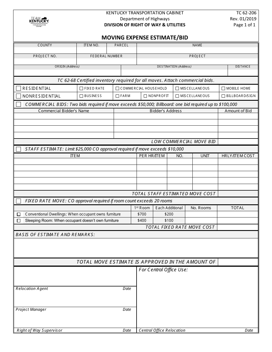 Form TC62-206 Moving Expense Estimate / Bid - Kentucky, Page 1