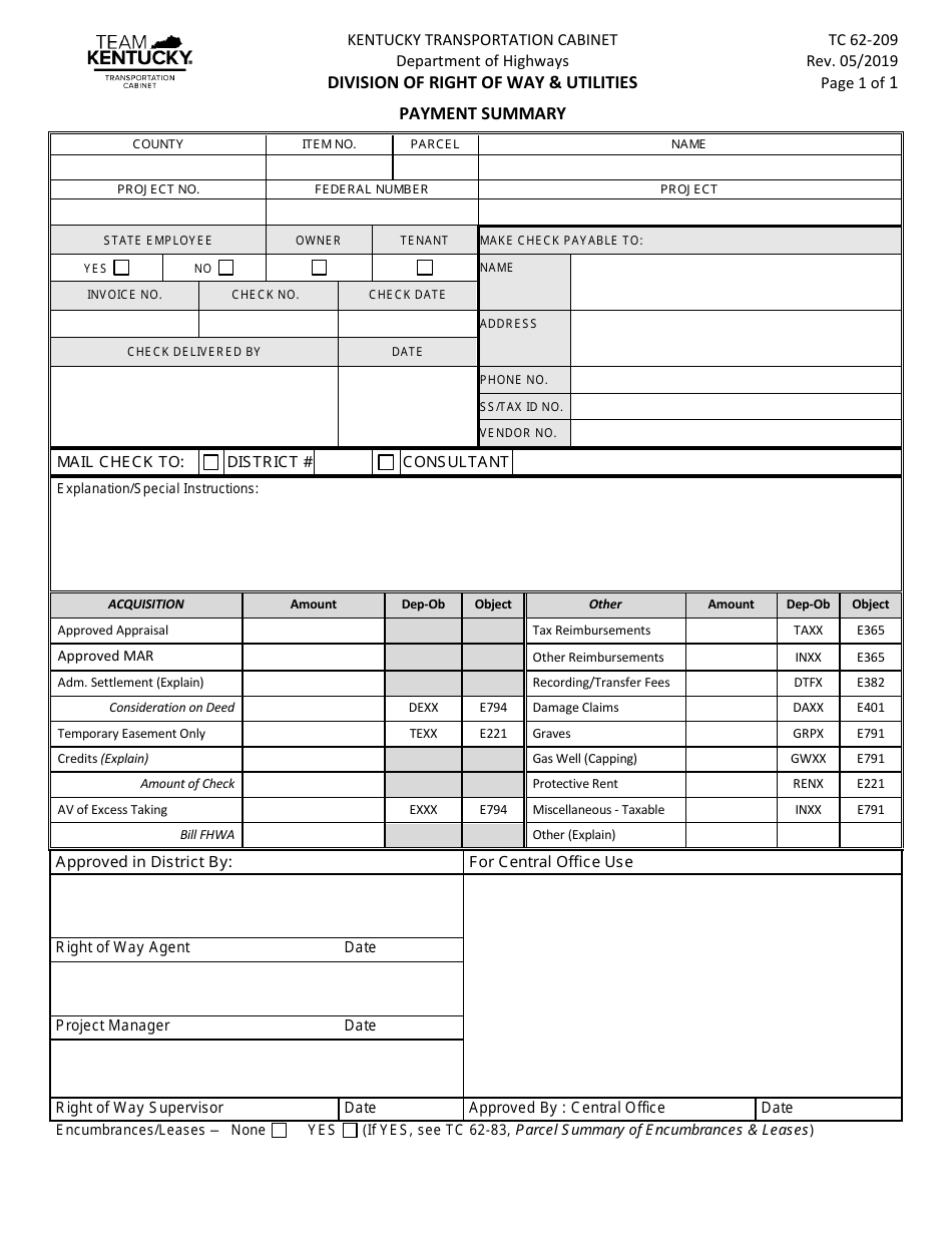 Form TC62-209 Payment Summary - Kentucky, Page 1