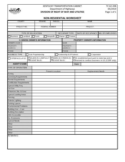 Form TC62-208 Non-residential Worksheet - Kentucky