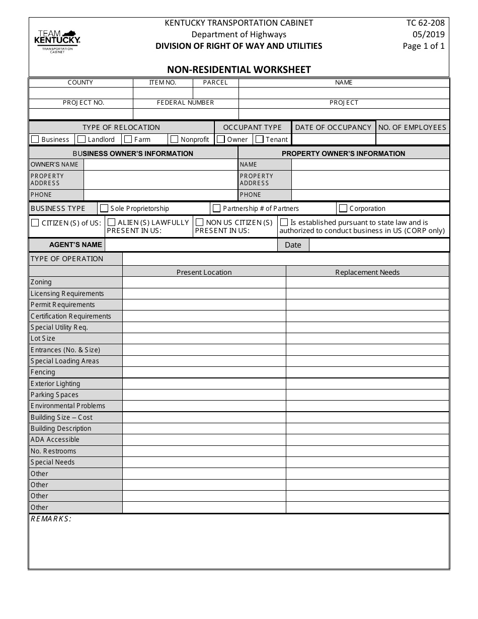 Form TC62-208 Non-residential Worksheet - Kentucky, Page 1