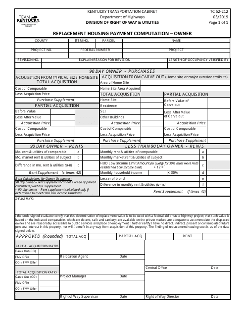 Form TC62-212 Replacement Housing Payment Computation - Owner - Kentucky