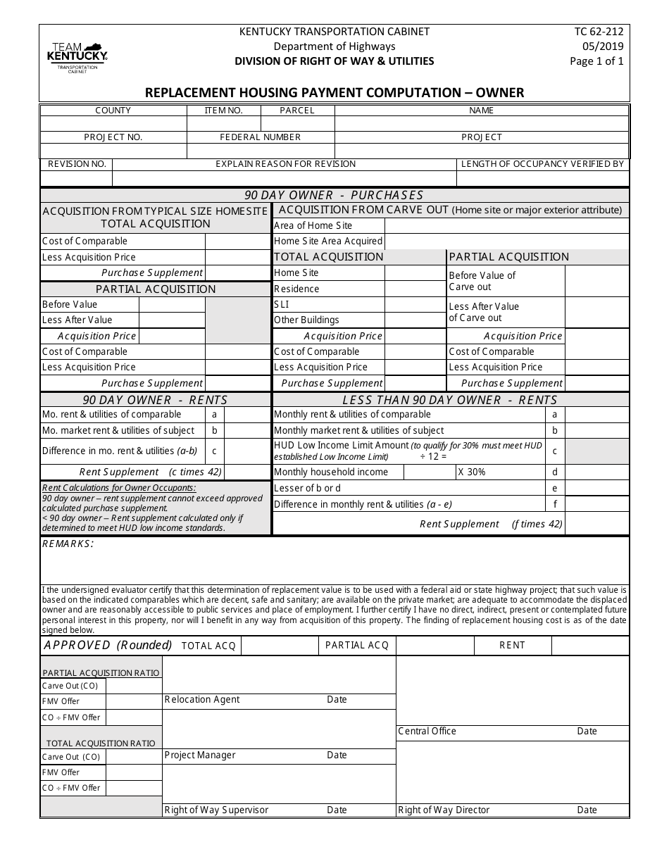 Form TC62-212 Replacement Housing Payment Computation - Owner - Kentucky, Page 1