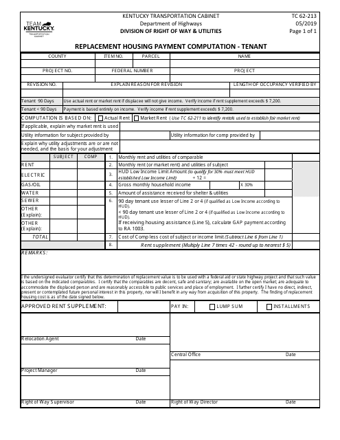 Form TC62-213 Replacement Housing Payment Computation - Tenant - Kentucky