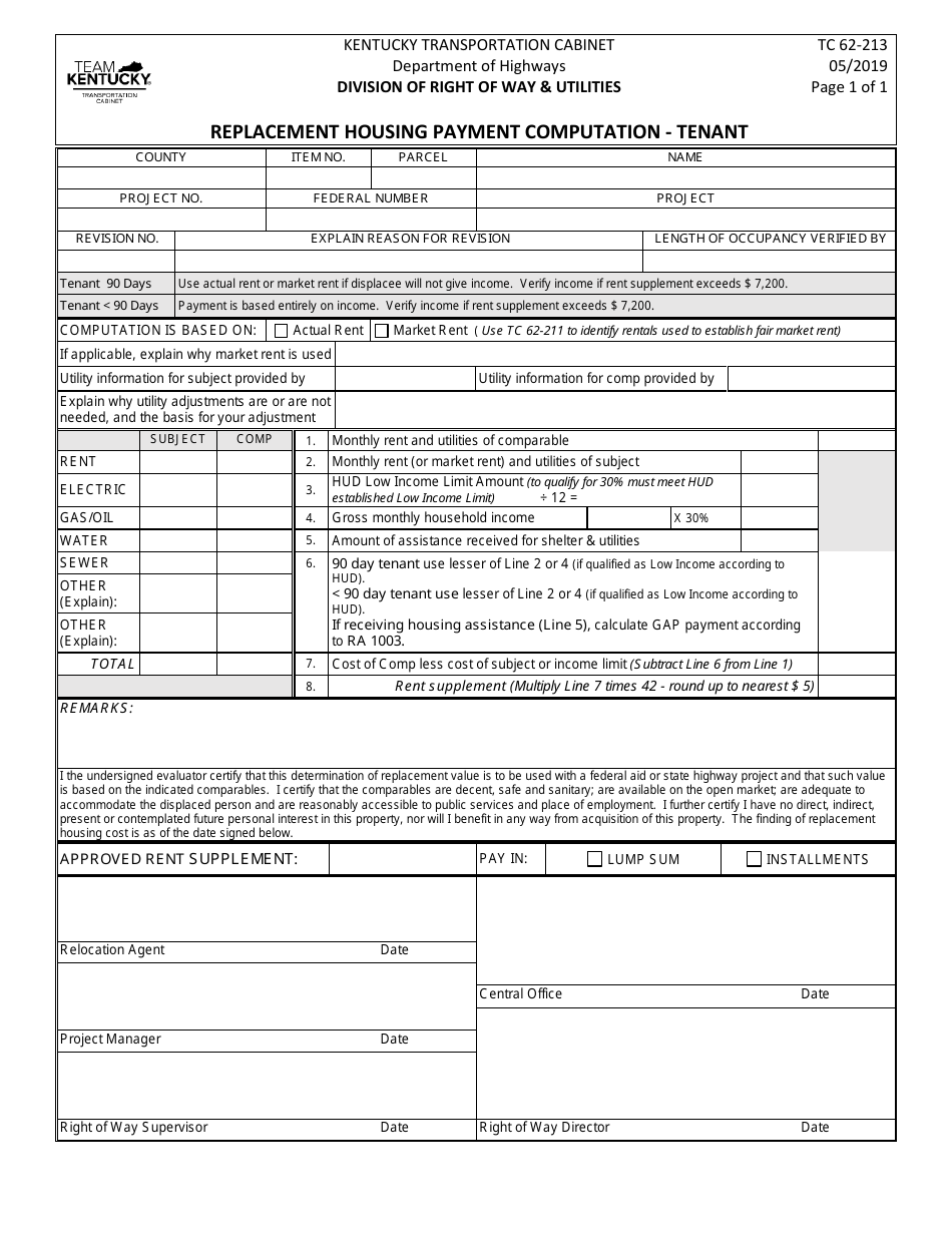 Form TC62-213 Replacement Housing Payment Computation - Tenant - Kentucky, Page 1