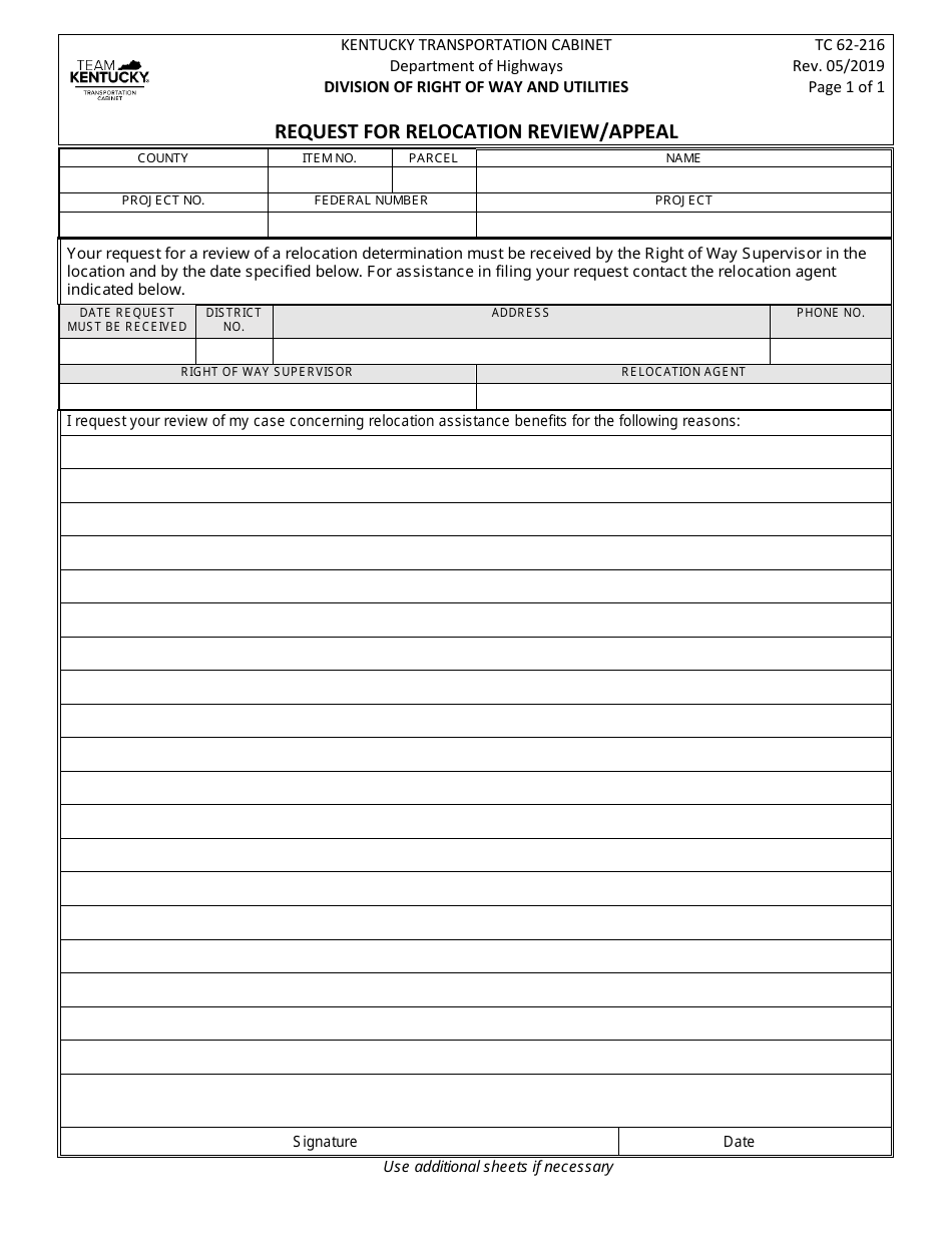 Form TC62-216 Request for Relocation Review / Appeal - Kentucky, Page 1