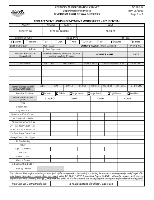 Form TC62-214 Replacement Housing Payment Worksheet - Residential - Kentucky