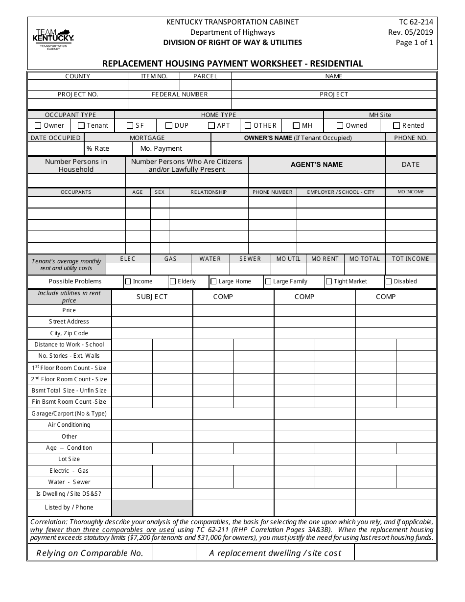 Form TC62-214 Replacement Housing Payment Worksheet - Residential - Kentucky, Page 1