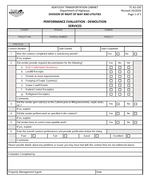 Form TC62-220 Performance Evaluation - Demolition Services - Kentucky