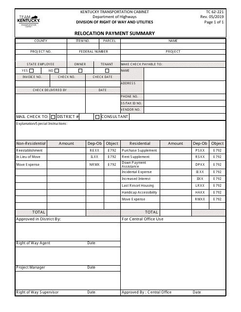 Form TC62-221 Relocation Payment Summary - Kentucky