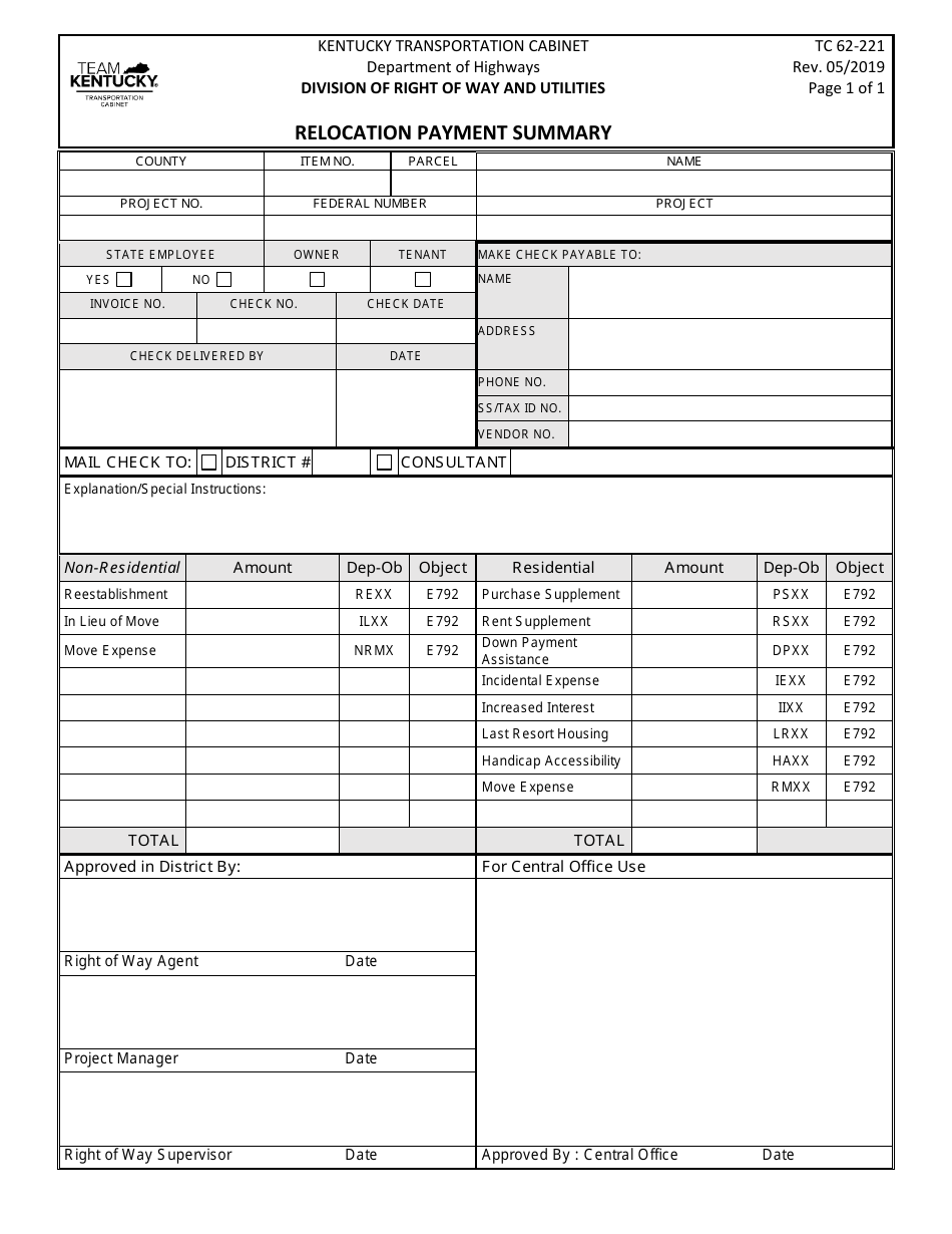 Form TC62-221 Relocation Payment Summary - Kentucky, Page 1