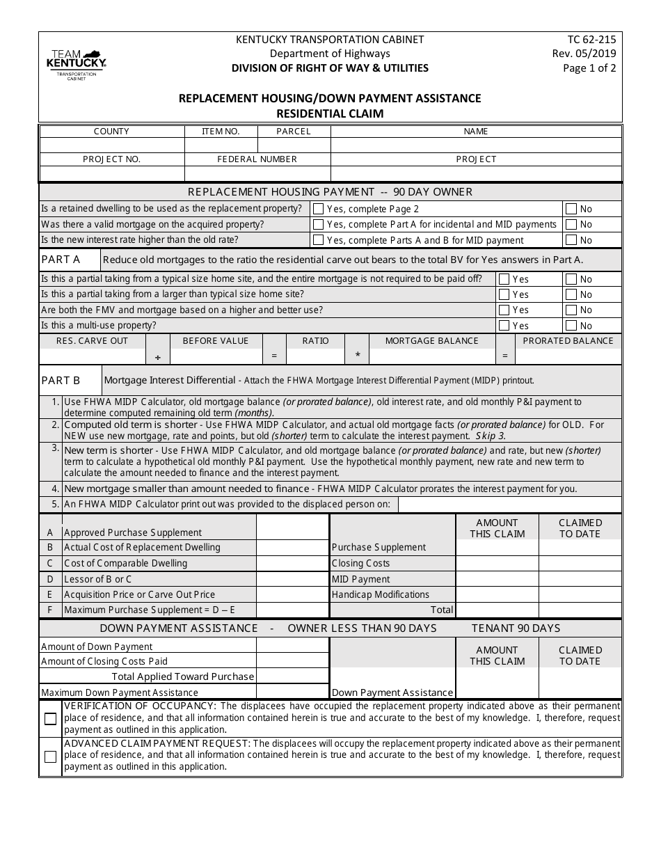 Form TC62-215 Replacement Housing / Down Payment Assistance Residential Claim - Kentucky, Page 1