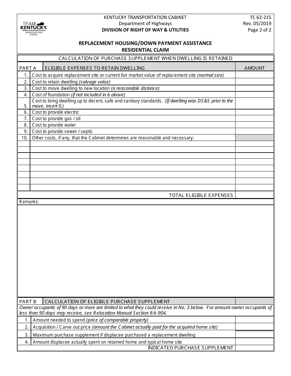 Form TC62-215 Replacement Housing / Down Payment Assistance Residential Claim - Kentucky, Page 2