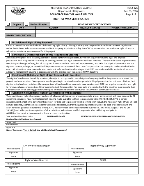 Form TC62-226 Right of Way Certification - Kentucky