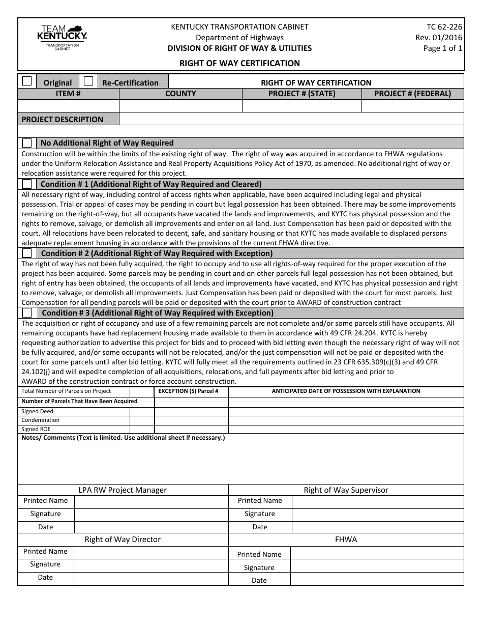 Form TC62-226 Right of Way Certification - Kentucky, Page 1