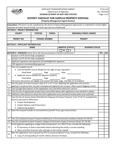 Form TC62-222 District Checklist for Surplus Property Disposal (Property Management Agent Review) - Kentucky